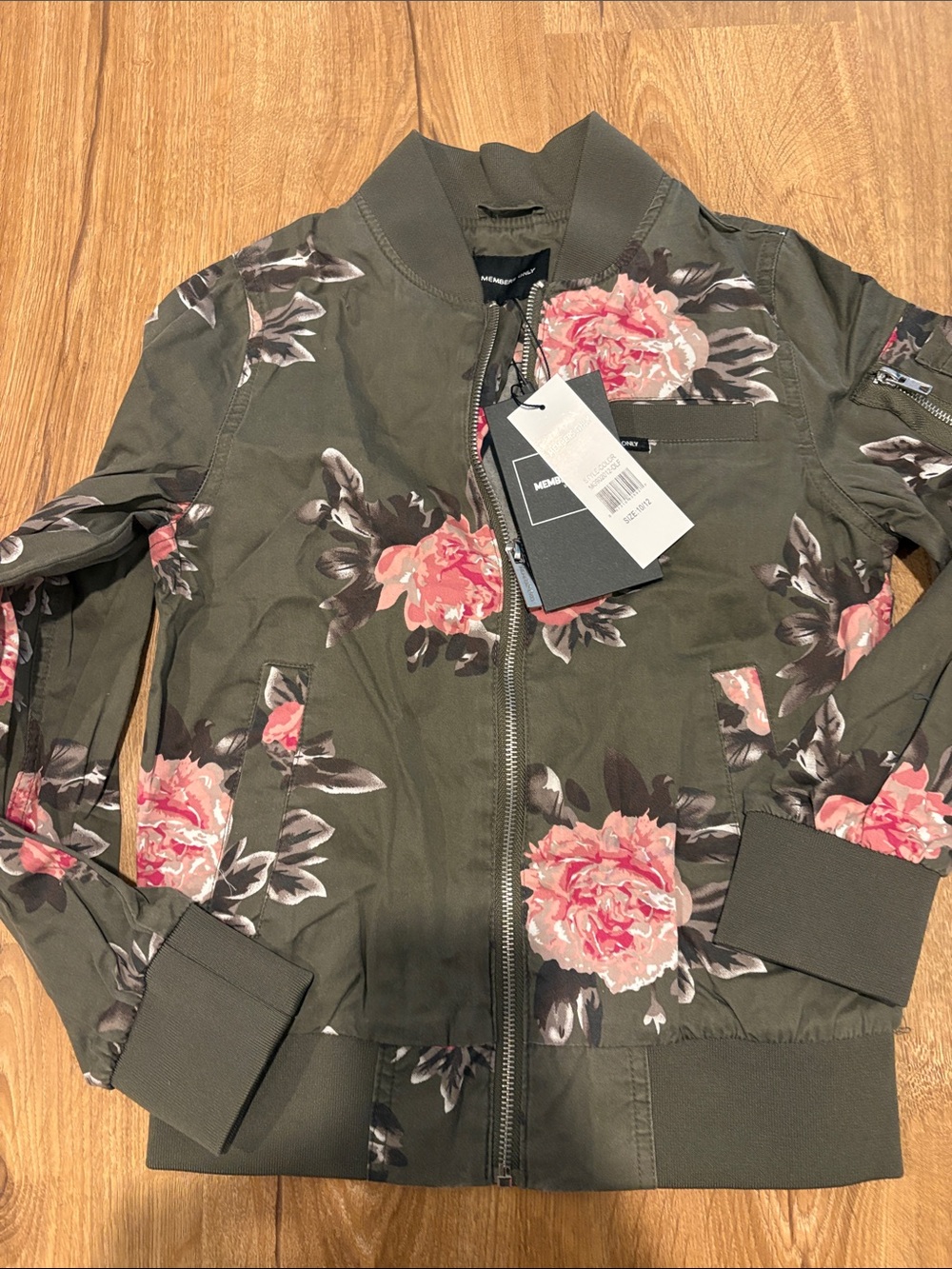 Members Only Olive Green Floral Jacket with Pink Roses